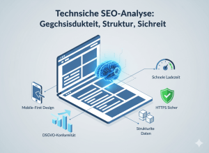 Technical SEO elements like page speed, mobile-first design, structured data, and security optimized for AI search in Germany