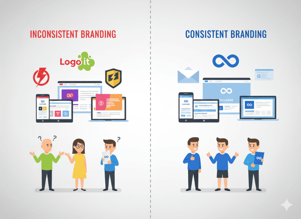 Comparison between inconsistent branding causing confusion and consistent branding building trust