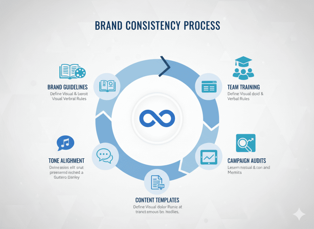 Strategic process for maintaining brand consistency including guidelines, audits, and tone alignment