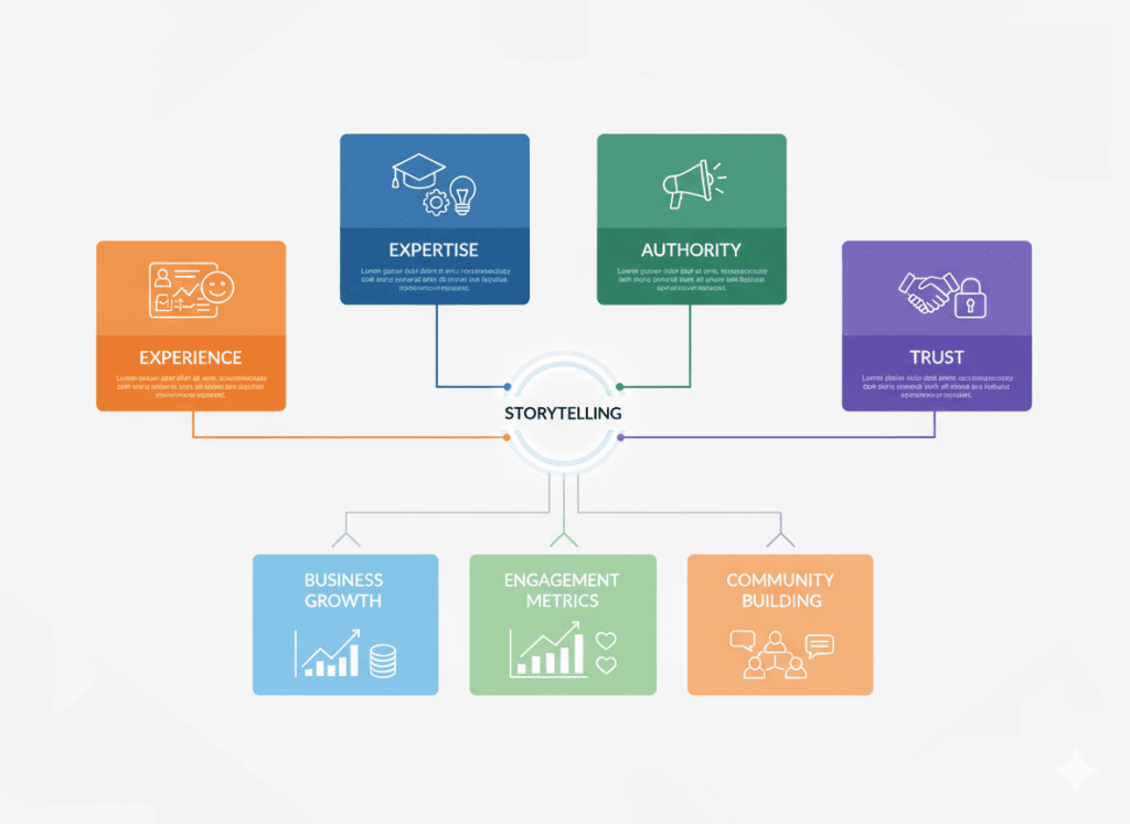 Storytelling strategy improving EEAT, user trust, and sustainable business growth