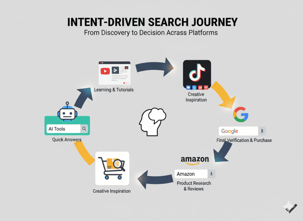 User search behavior moving between AI tools, social media, marketplaces, and Google