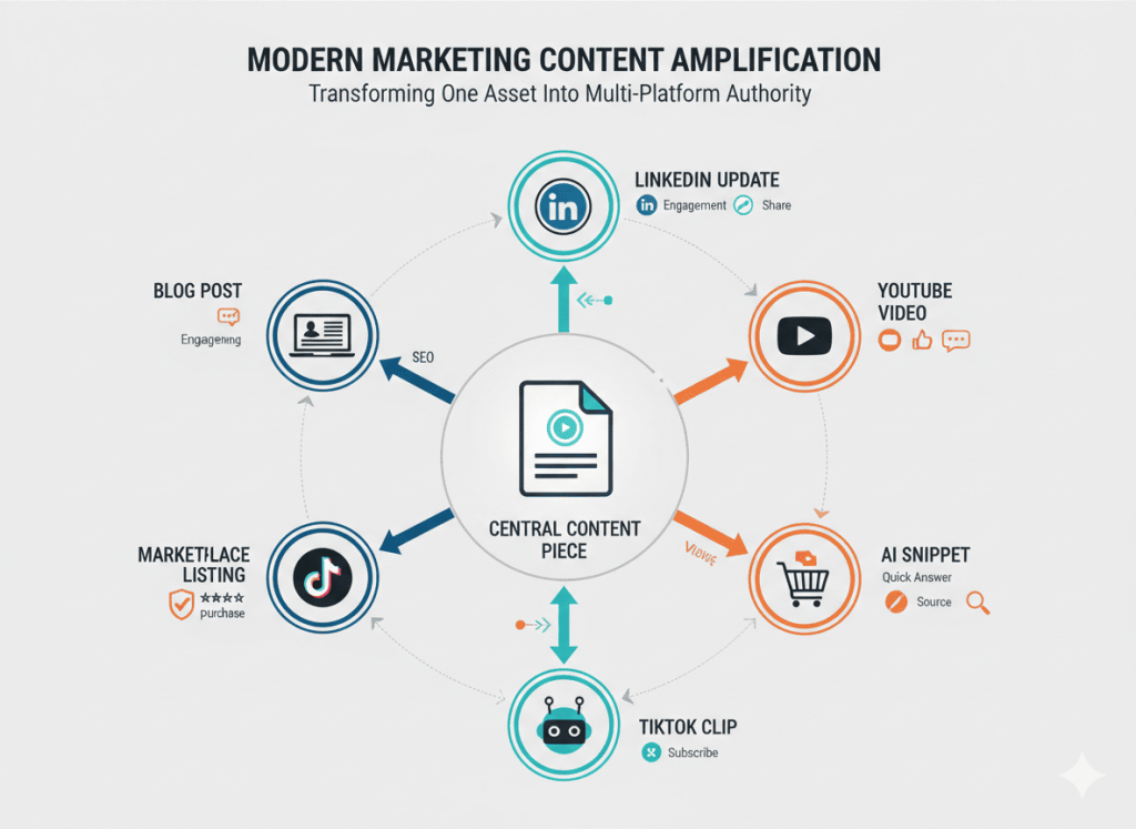 Content repurposing strategy for multi-search SEO across blogs, social media, video, and marketplaces