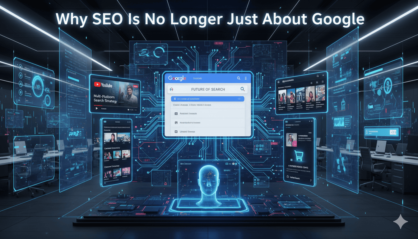 Multi-search SEO strategy showing Google, YouTube, social media, marketplaces, and AI search platforms connected