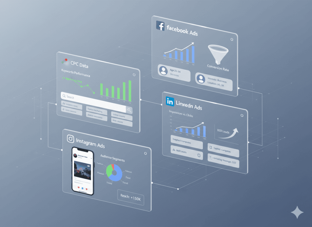 Google Ads and social media PPC campaign dashboard with conversion and performance tracking