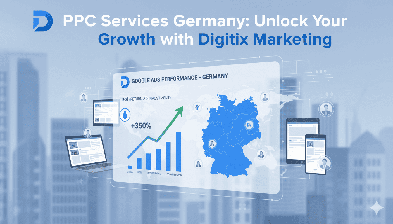 PPC advertising strategy in Germany showing Google Ads dashboard and business growth performance metrics