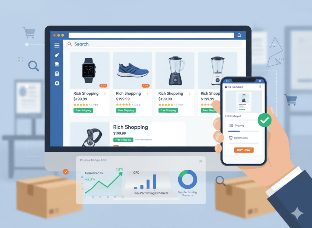 E-commerce PPC campaign showing shopping ads, optimized landing page, and increased online sales