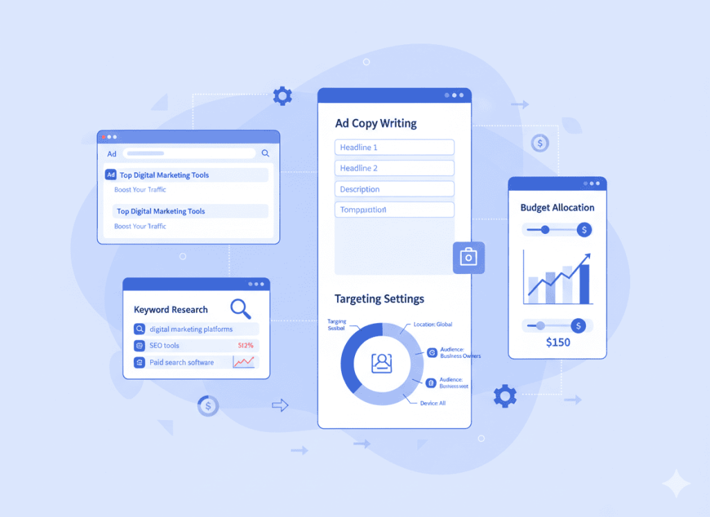 SEM paid ads campaign setup with keyword research and ad targeting strategy