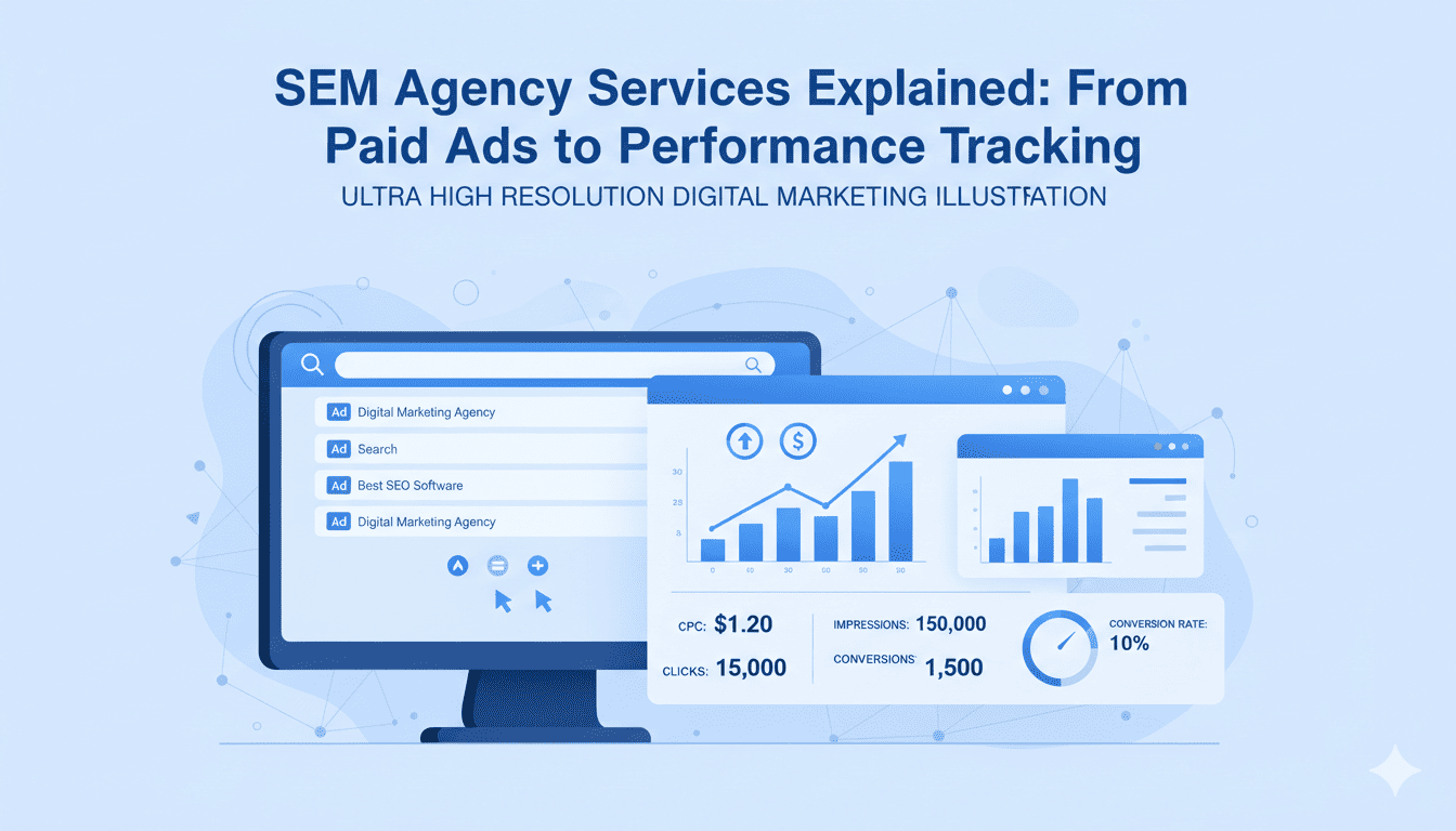 SEM agency services showing paid ads setup and performance tracking dashboard