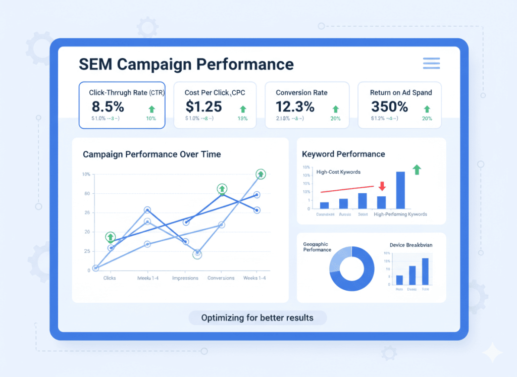 SEM campaign performance tracking dashboard showing conversions and cost analysis