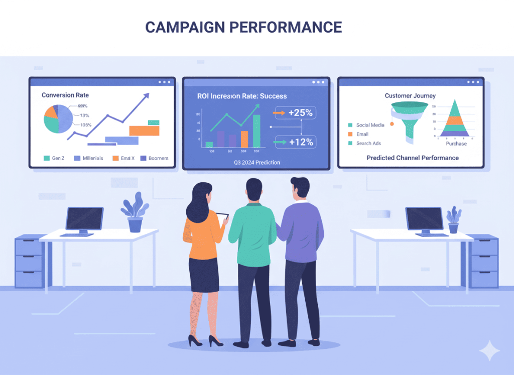 Marketers analyzing predictive analytics dashboards to improve campaign performance
