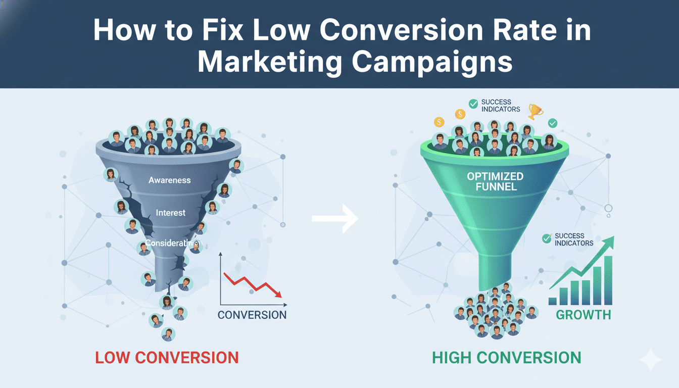 Marketing funnel showing low conversion rate and optimized strategy for better results