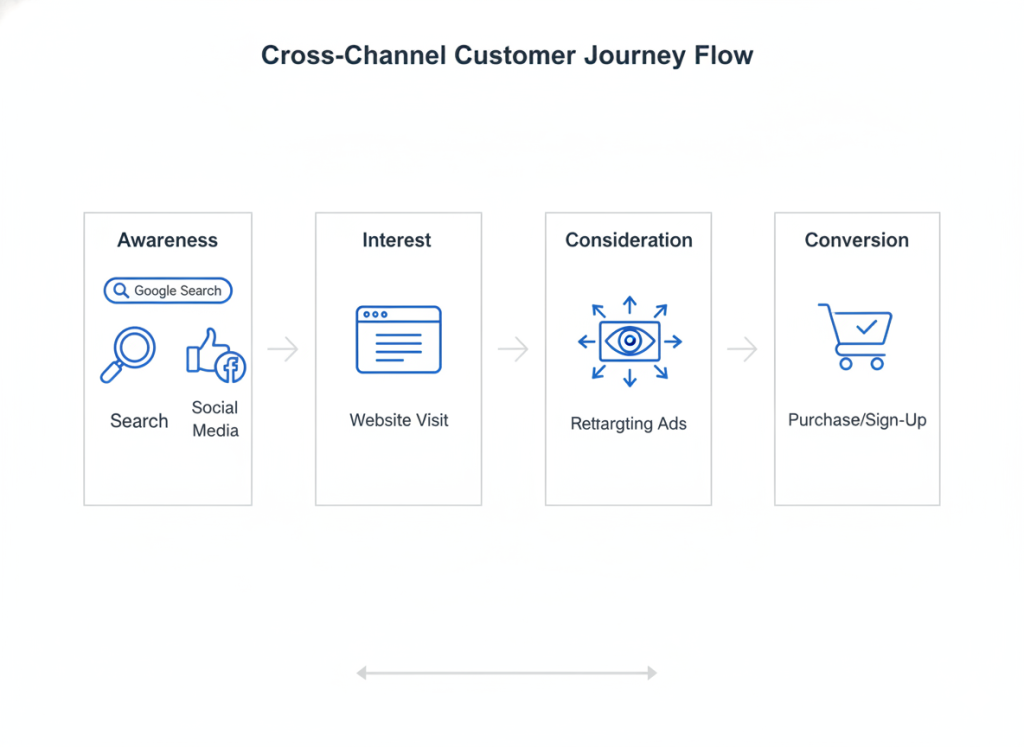 Customer journey across multiple platforms in cross-channel advertising strategy
