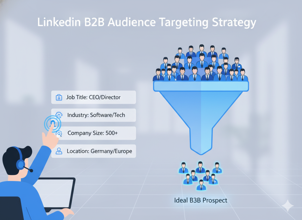 LinkedIn audience targeting using job title, industry, and company filters for lead generation