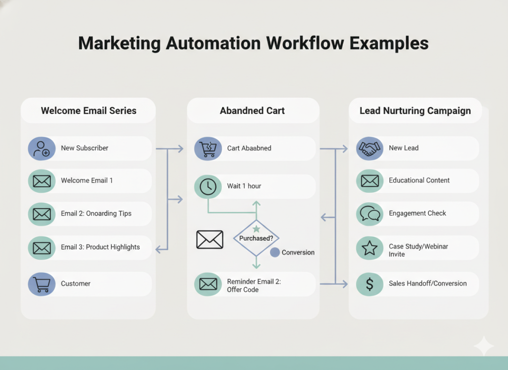 Marketing automation workflows including email sequences and lead nurturing processes