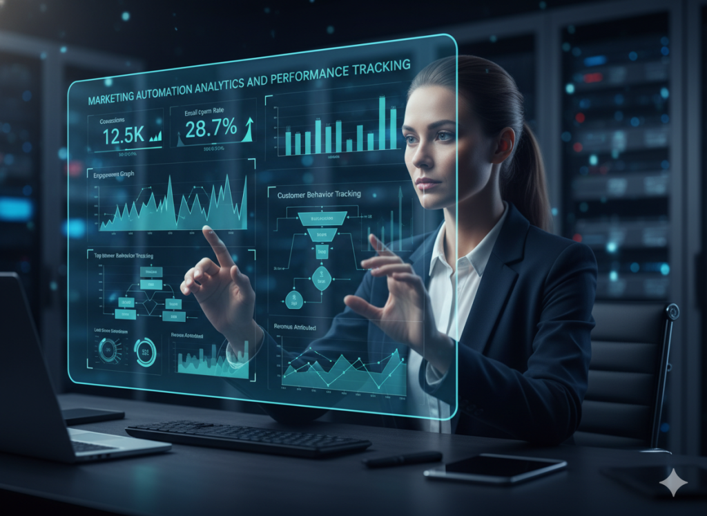 Marketing automation analytics dashboard showing campaign performance and customer insights