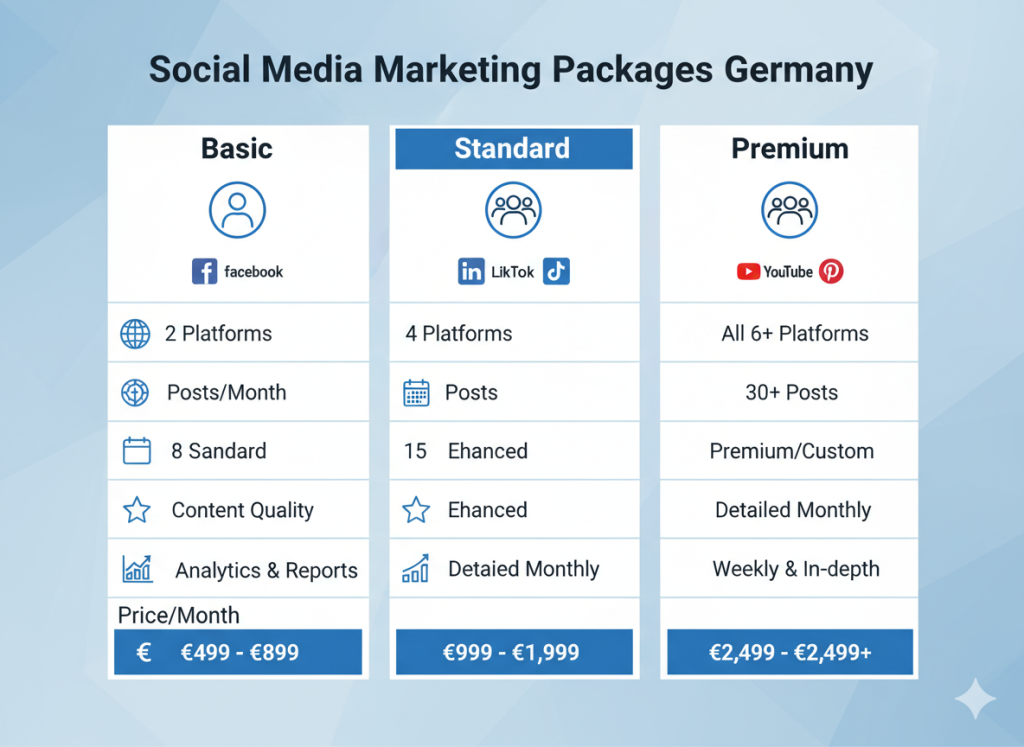 Comparison of social media marketing packages in Germany with pricing and features