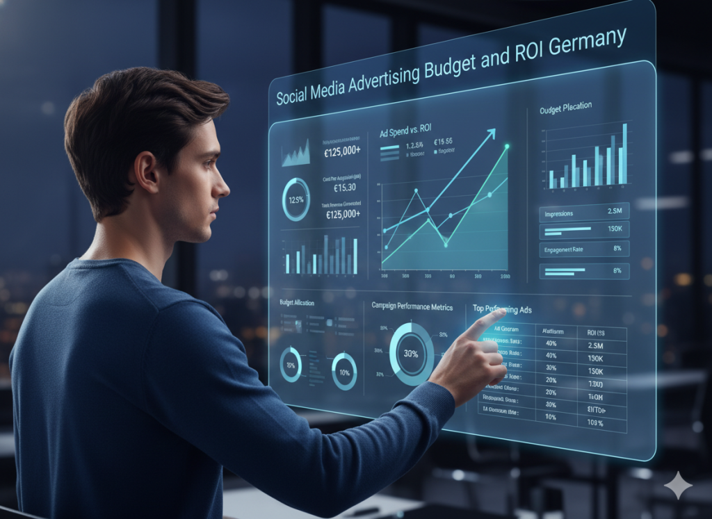 Social media advertising budget and ROI tracking dashboard for marketing campaigns