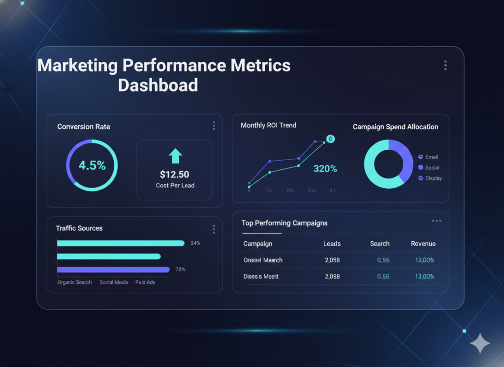 Marketing analytics dashboard showing KPIs like conversion rate and ROI