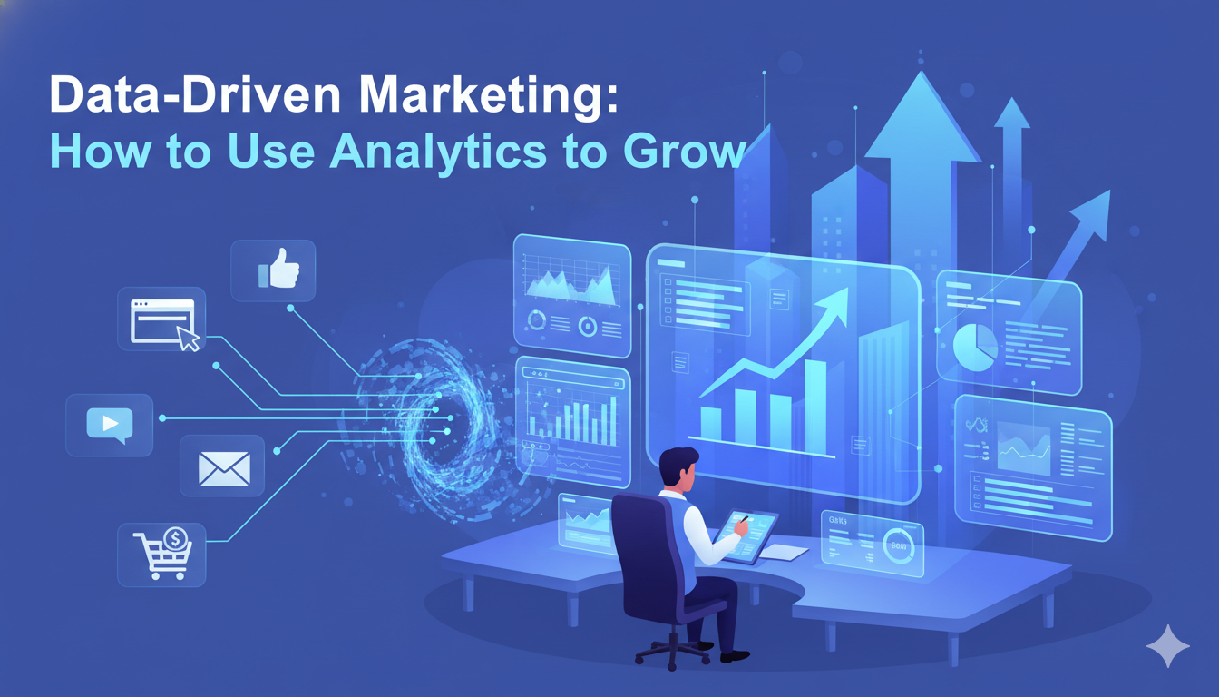 Marketer analyzing data dashboards and analytics for marketing growth and performance