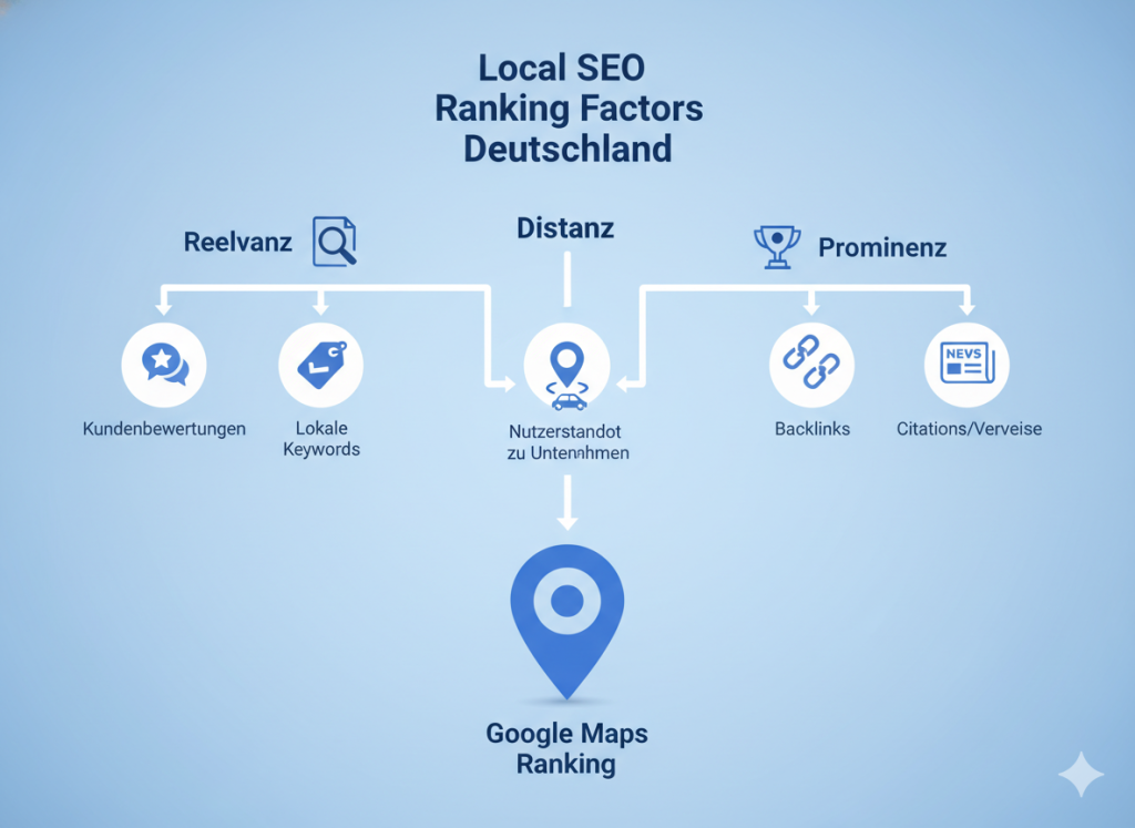 Local SEO factors including reviews, keywords, and backlinks for Google Maps ranking